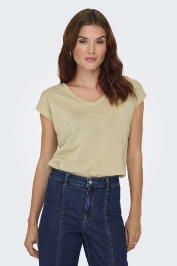 Only onlsilvery s/s v neck lurex top jrs Goud