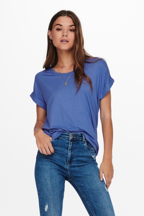 Only blauwe dames t-shirt | Model vooraanzicht