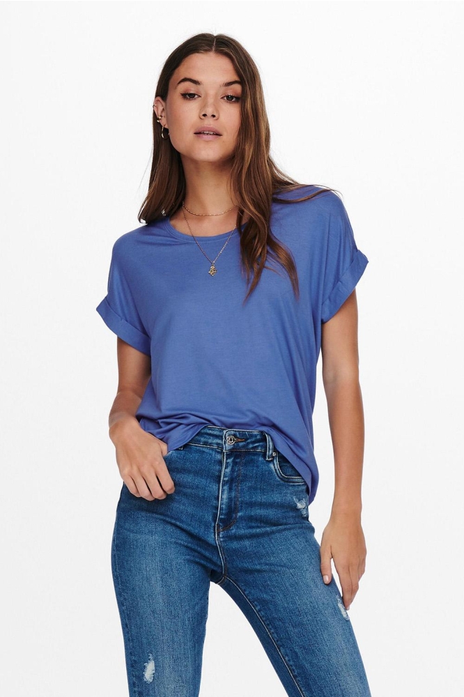 Only blauwe dames t-shirt | Model vooraanzicht