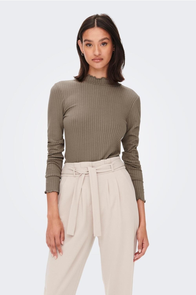 Jacqueline de Yong taupe dames t-shirt | Model vooraanzicht