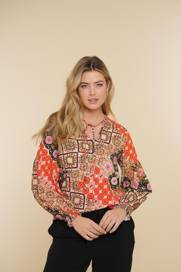 Geisha Blouse TOP MET ETNIC PRINT 43248 20 Sand/Coral/Fuchsia