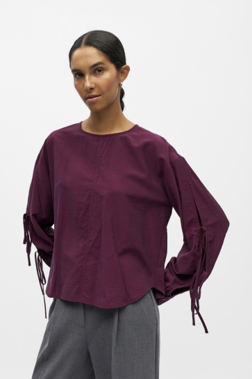 Object OBJKENNY L/S RE O-NECK TIE TOP 140 23047452 Mauve Wine