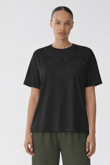 Vila vipavia emb o-neck s/s top/pb Zwart