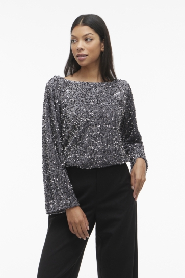 Vila T-shirt VIFAITH BOAT NECK L/S SEQUIN TOP/1 14110979 Poppy Seed