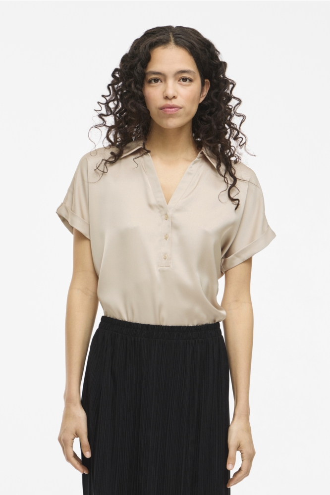 Vila beige dames t-shirt | Model vooraanzicht