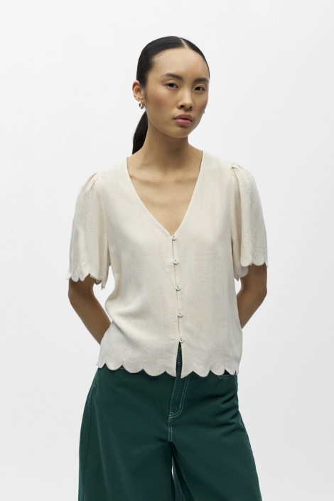 Object beige dames top | Model vooraanzicht