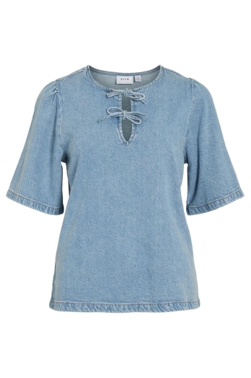 Vila T-shirt VIKIKI O-NECK 2/4 TIE DENIM TOP 14114224 LIGHT BLUE DENIM