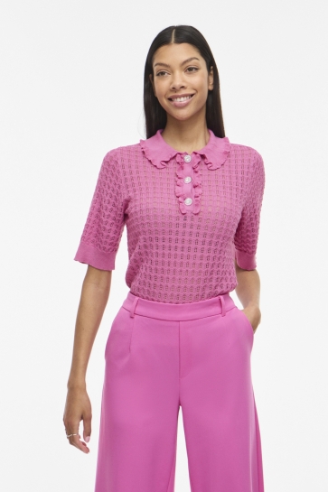 Vila T-shirt VINORA POLO 2/4 POINTELLE KNIT TOP/ 14115092 Fiji Flower