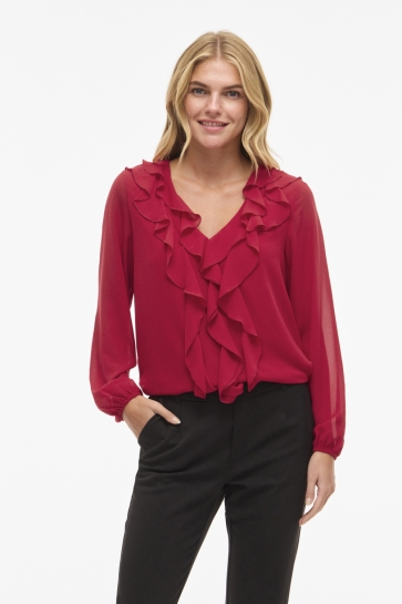 Vila VIANE L/S V-NECK FRILL TOP - NOOS 14114604 JESTER RED