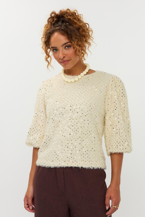 Ydence beige dames trui | Model vooraanzicht