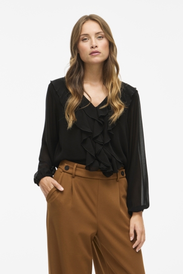 Vila viane l/s v-neck frill top - noos Zwart