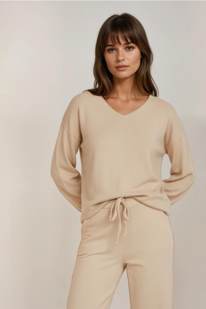 FOS Amsterdam beige dames t-shirt | Model vooraanzicht