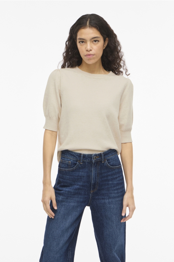 Vila beige dames t-shirt | Model vooraanzicht