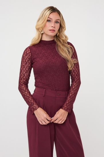 EsQualo T-shirt TOP L SLVE LACE F26 30504 Merlot