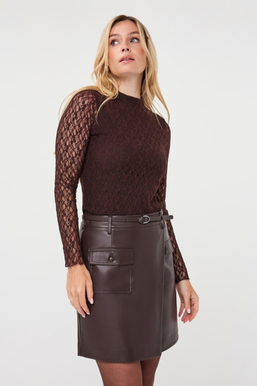 EsQualo Top TOP L SLVE LACE F26.30504 Cacao