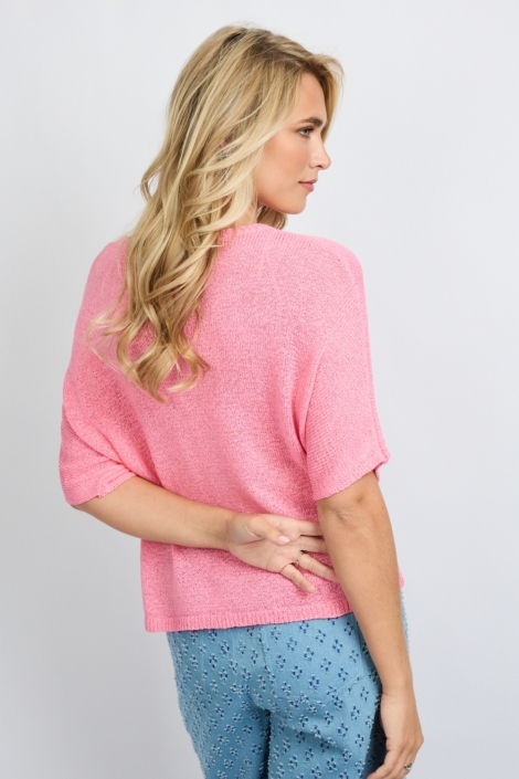Fluresk roze dames t-shirt | Model achteraanzicht