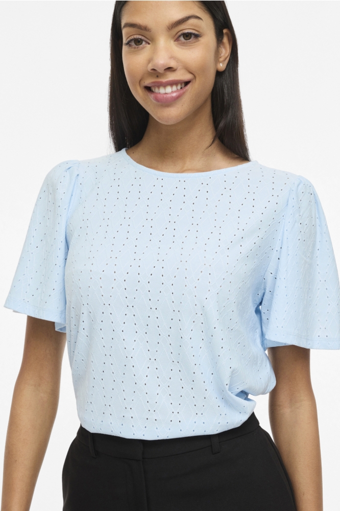 Vila blauwe dames t-shirt | Close up