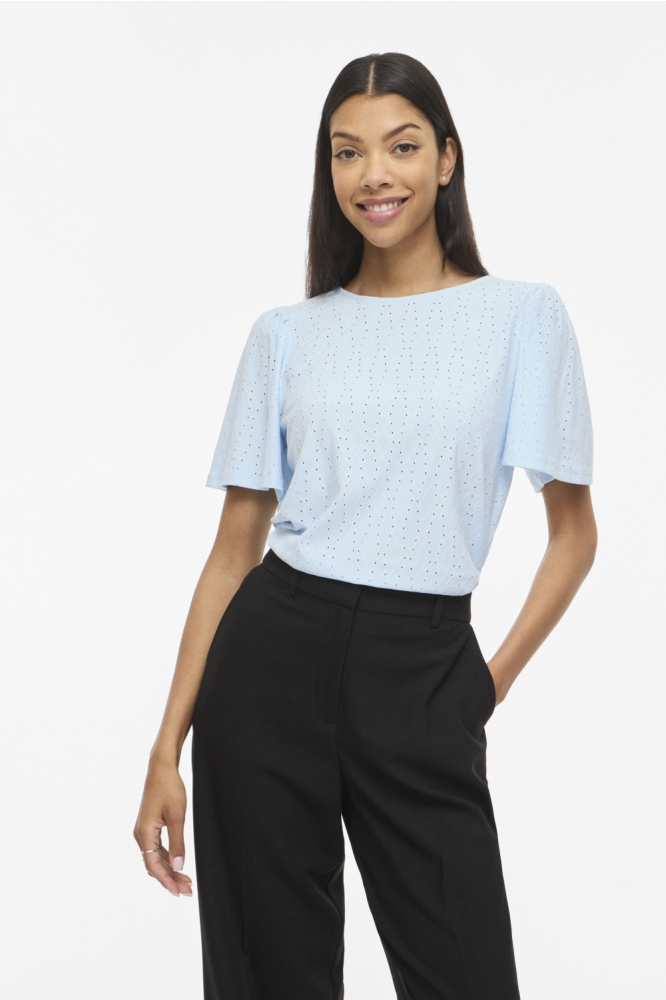 Vila blauwe dames t-shirt | Model vooraanzicht