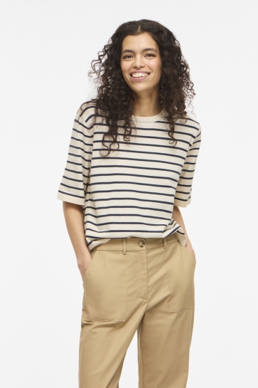 Vila T-shirt VIMALU O-NECK 2/4 KNIT TOP-NOOS 14112136 Sandshell/NAVY BLAZER