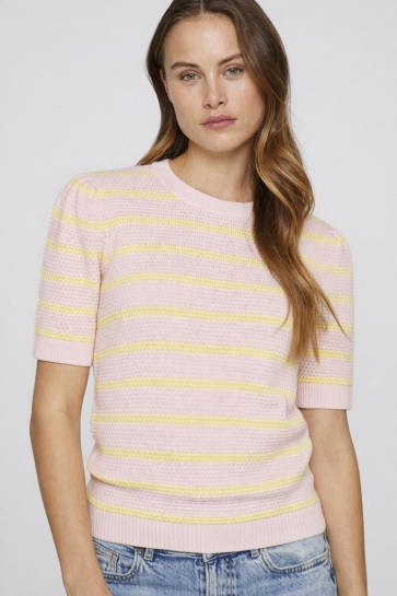 Vila Trui VIDALO O-NECK S/S STRIPE KNIT-NOOS 14106601 Cherry Blossom/PASTEL YEL