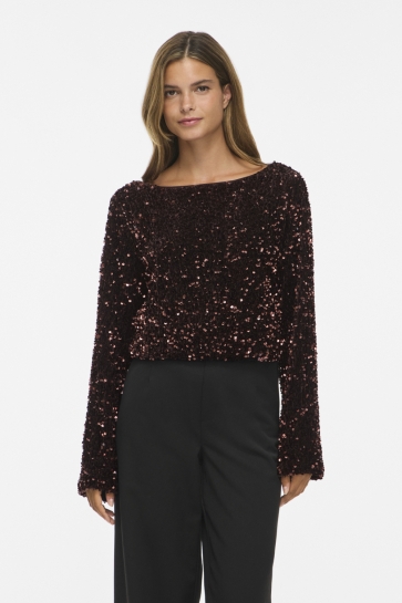 Vila T-shirt VIFAITH BOAT NECK L/S SEQUIN TOP/2 14110979 COFFEE BEAN