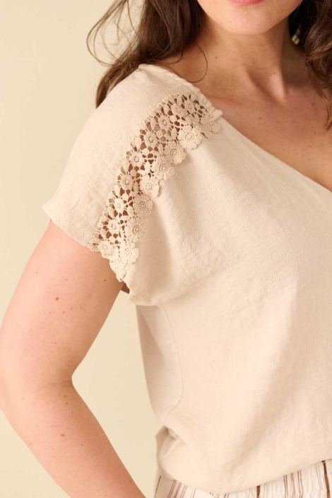 FOS Amsterdam beige dames t-shirt | Close up