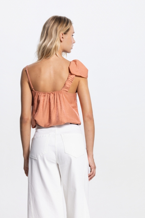 Juffrouw Jansen oranje dames top | Model achteraanzicht