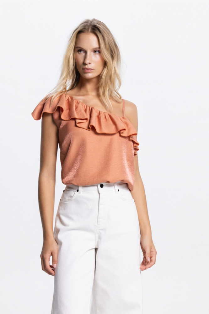 Juffrouw Jansen oranje dames top | Model vooraanzicht