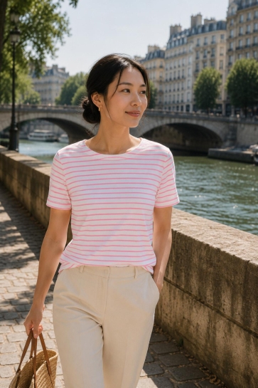 Red Button terry stripe short sleeve Roze