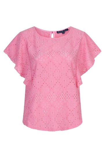 Red Button top ajour ruffle sleeve Roze