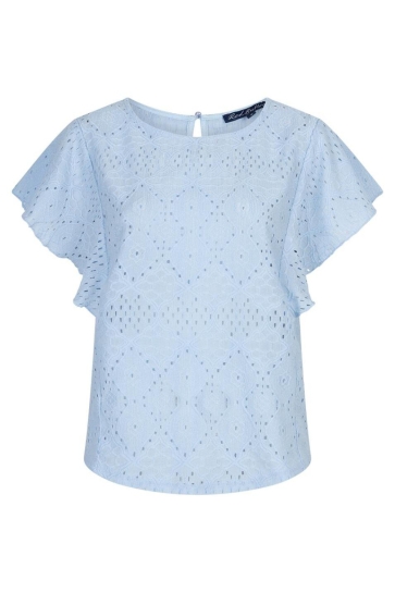 Red Button T-shirt TOP AJOUR RUFFLE SLEEVE SRB4778 lightblue