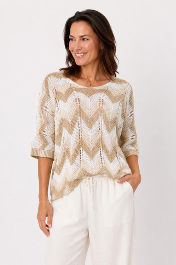 FOS Amsterdam T-shirt ROBIN ZIGZAG 6892 220 BEIGE
