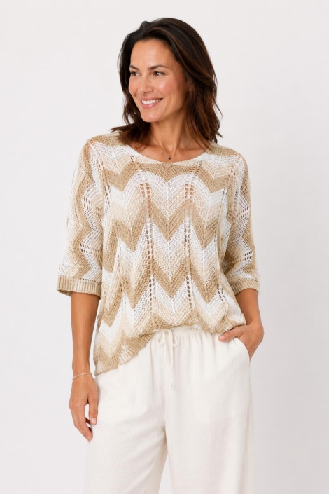 FOS Amsterdam beige dames t-shirt | Model vooraanzicht