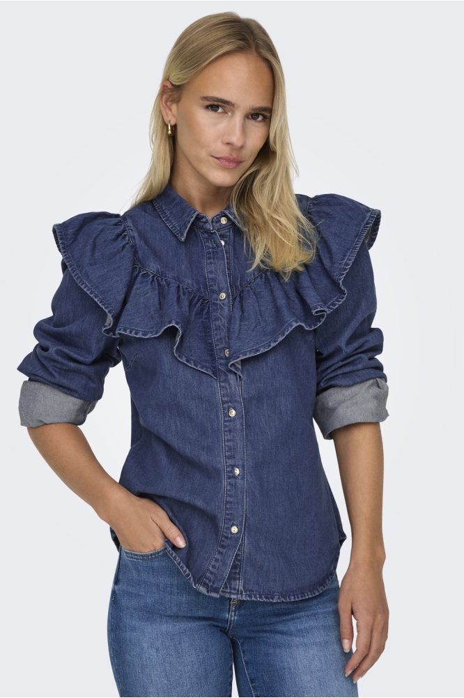 Only blauwe dames blouse | Model vooraanzicht