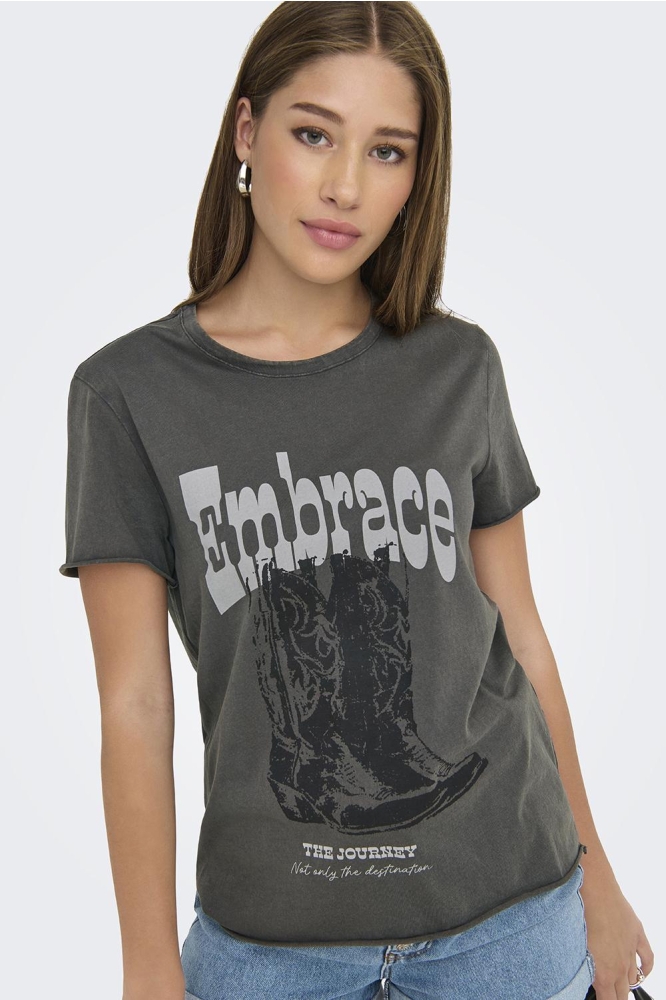 Only grijze dames t-shirt | Model vooraanzicht