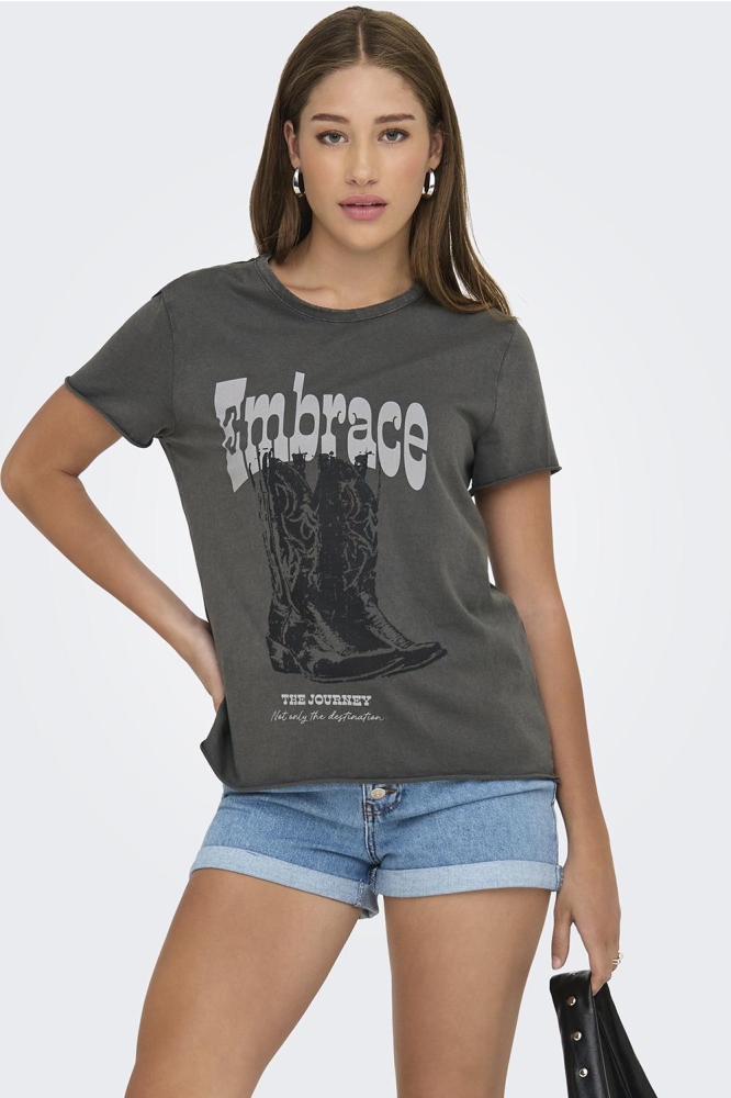 Only grijze dames t-shirt | Model vooraanzicht