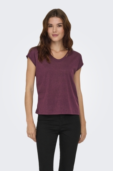 Only ONLSILVERY S/S V NECK LUREX TOP JRS 15136069 BURGUNDY