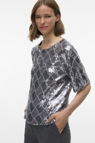 Vero Moda T-shirt VMMILKA 2/4 TOP WVN 10336746 ULTIMATE GREY/SILVER SEQUINS