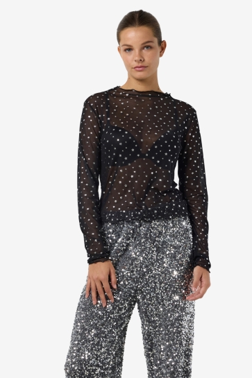 Noisy may Top NMSTAR FOIL L/S HIGH NECK MESH JRS 27030026 BLACK/SILVER GLITTER STARS