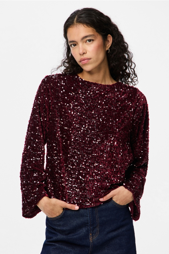 Pieces bordeaux dames t-shirt | Model vooraanzicht