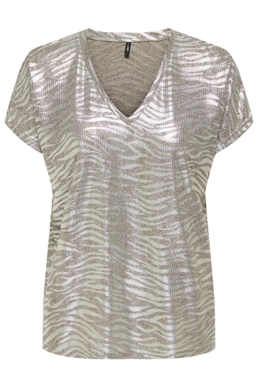 Only T-shirt ONLMIRINDA S/S V-NECK TOP PRI JRS 15371246 Humus/Melange+zebra silver