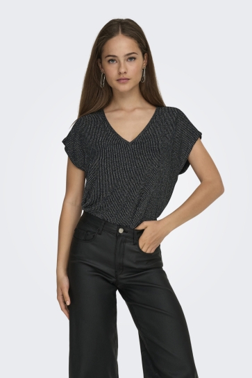Only ONLCAROL S/S V-NECK GLITTER TOP BOX 15360960 BLACK/ SILVER GLI