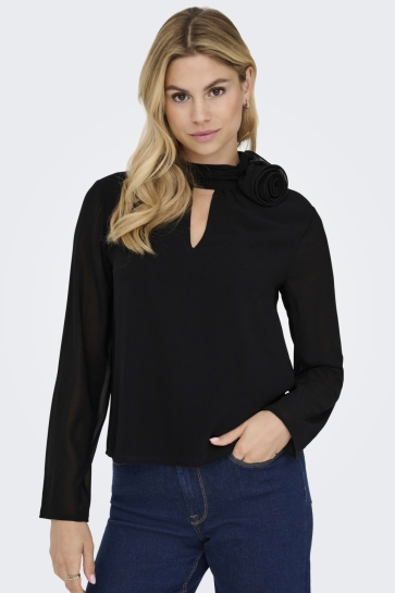 Jacqueline de Yong T-shirt JDYNOMI L/S HIGH NECK ROSE TOP WVN 15361373 BLACK