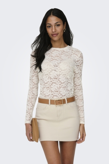 Only T-shirt ONLNIKKA L/S O-NECK LACE TOP JRS 15367565 EGRET