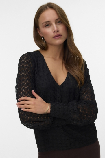 Vero Moda VMBECCA LS V-NECK LACE TOP JRS NOOS 10336137 Black