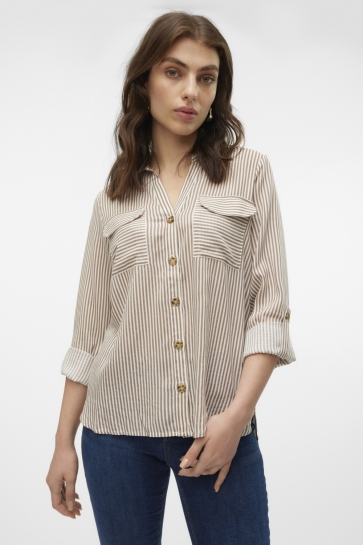 Vero Moda VMBUMPY L/S SHIRT NEW WVN NOOS 10275283 Brown Lentil Stripes: Snow White