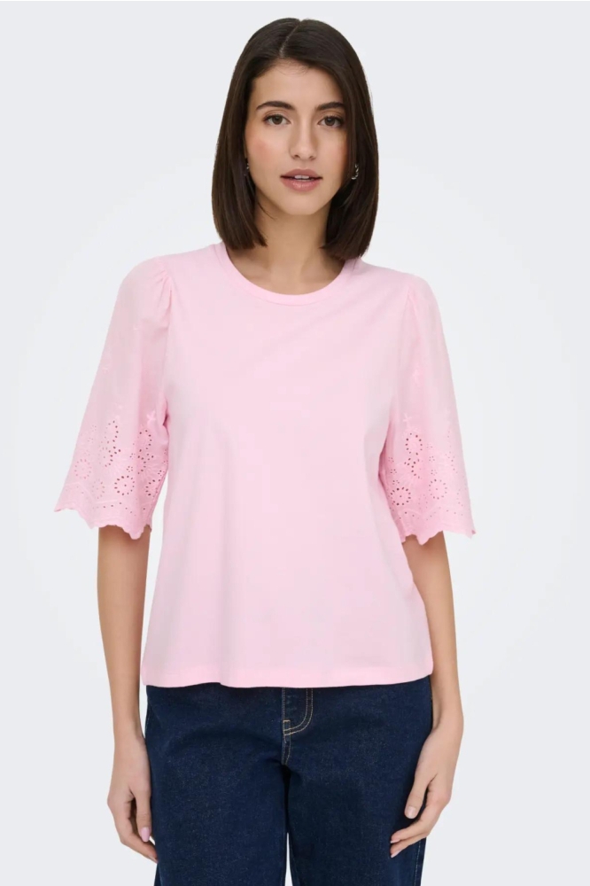 Jacqueline de Yong roze dames t-shirt | Model vooraanzicht
