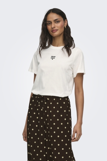 Jacqueline de Yong T-shirt JDYMAY PISA S/S PRINT TOP JRS 15354642 Cloud Dancer/FLOCK LOVE