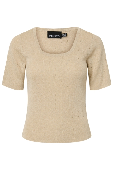 Pieces T-shirt PCSALIMA SS SQUARED KNIT TOP MSA 17163578 Sandshell Gold lurex