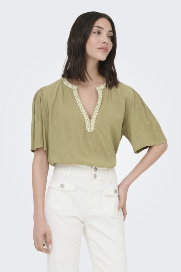 Jacqueline de Yong T-shirt JDYLIVA 2/4 EMB. TOP WVN 15373083 PETRIFIED OAK